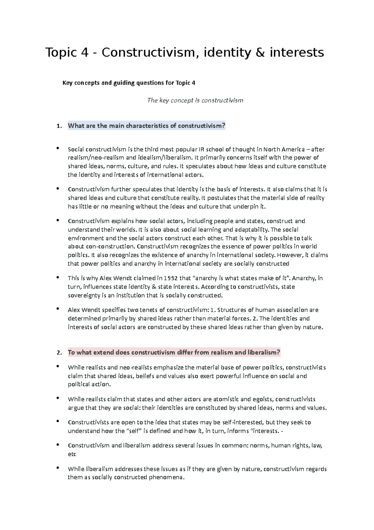 POL161 Topic 4 - lecture notes - Topic 4 - Constructivism, identity ...