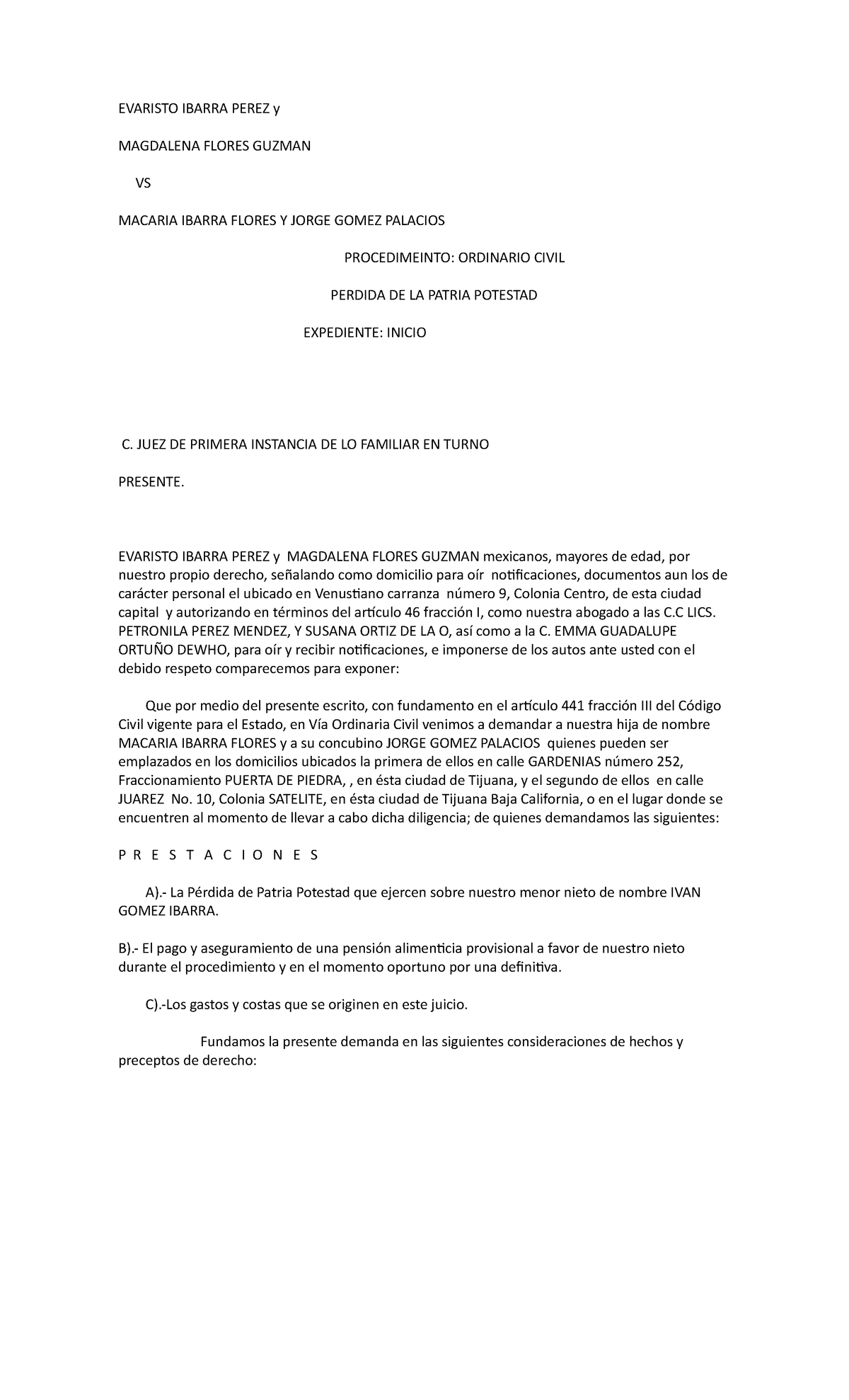 Demanda DE Guarda Y Custodia POR Parte DE LOS Abuelos - EVARISTO IBARRA ...