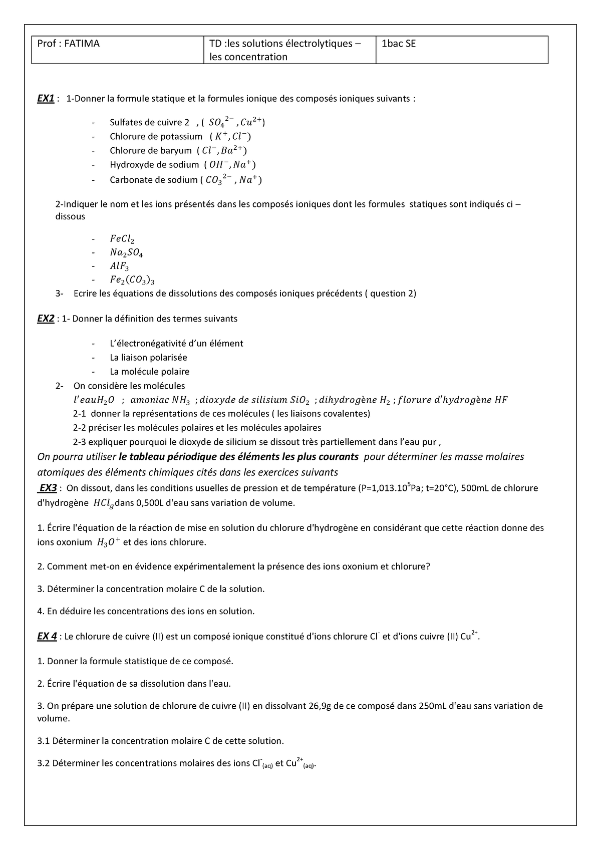 La Concentration Et Les Solutions Electrolytiques Exercices Non ...