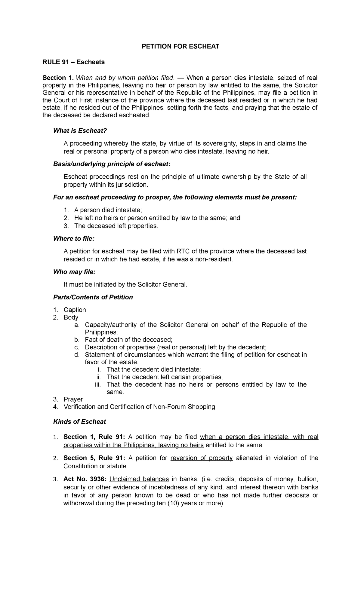PetitionFOR Escheat PETITION FOR ESCHEAT RULE 91 Escheats Section