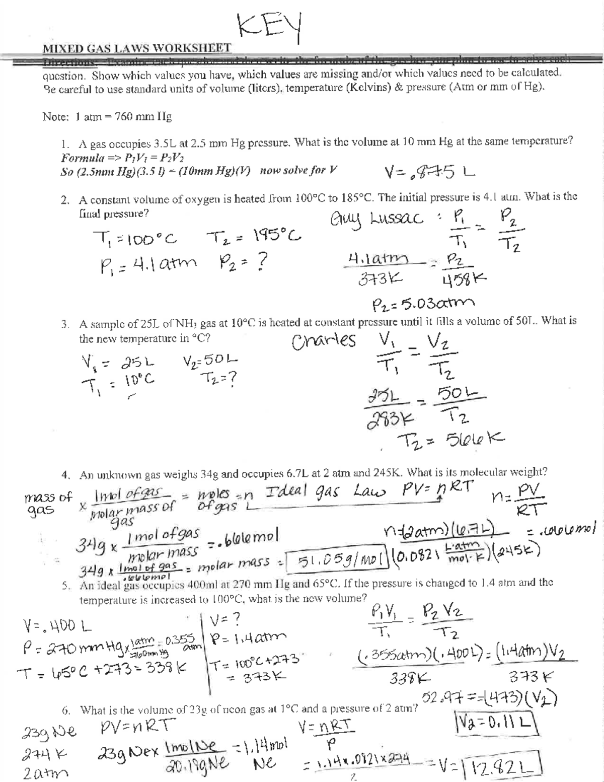 Mixed Gas Laws Worksheet Key - Mechanical Engineering - Studocu