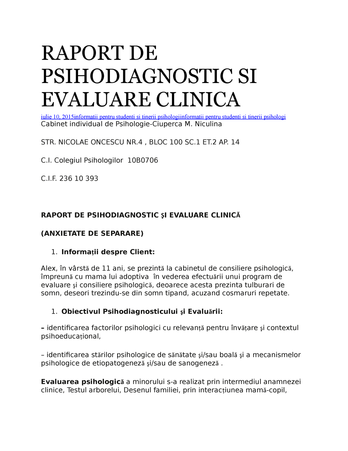 Raport Evaluare Psihologica Raport De Psihodiagnostic Si Evaluare