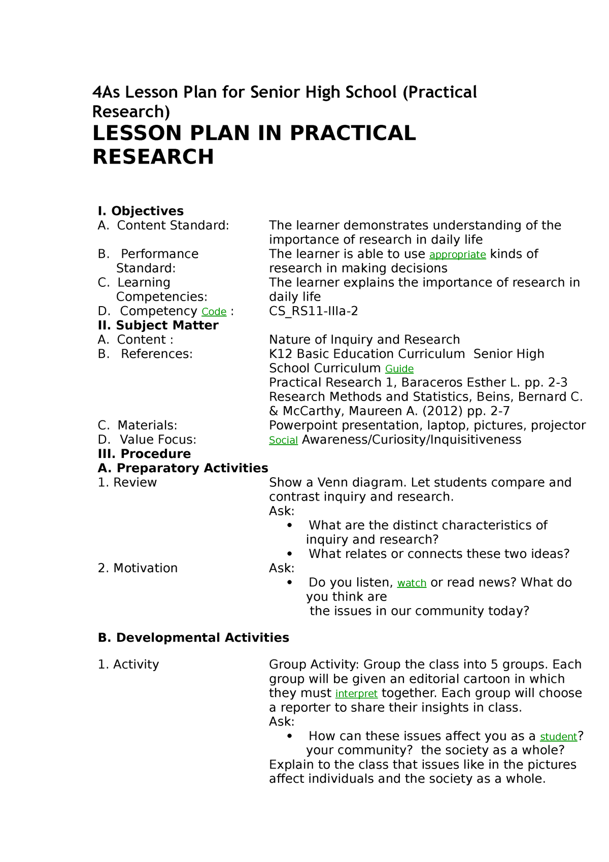 4as lesson plan in practical research 1