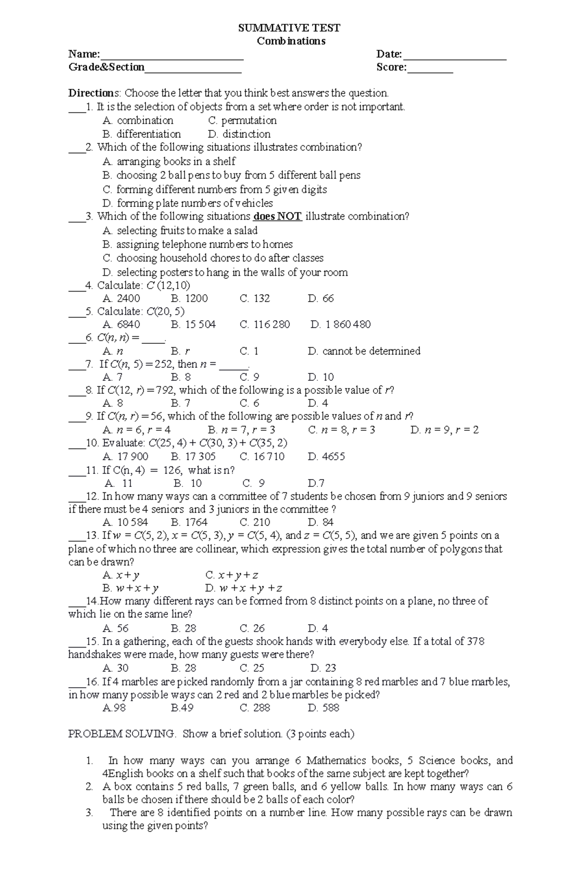 (summative test- part II Combination) regular - SUMMATIVE TEST ...