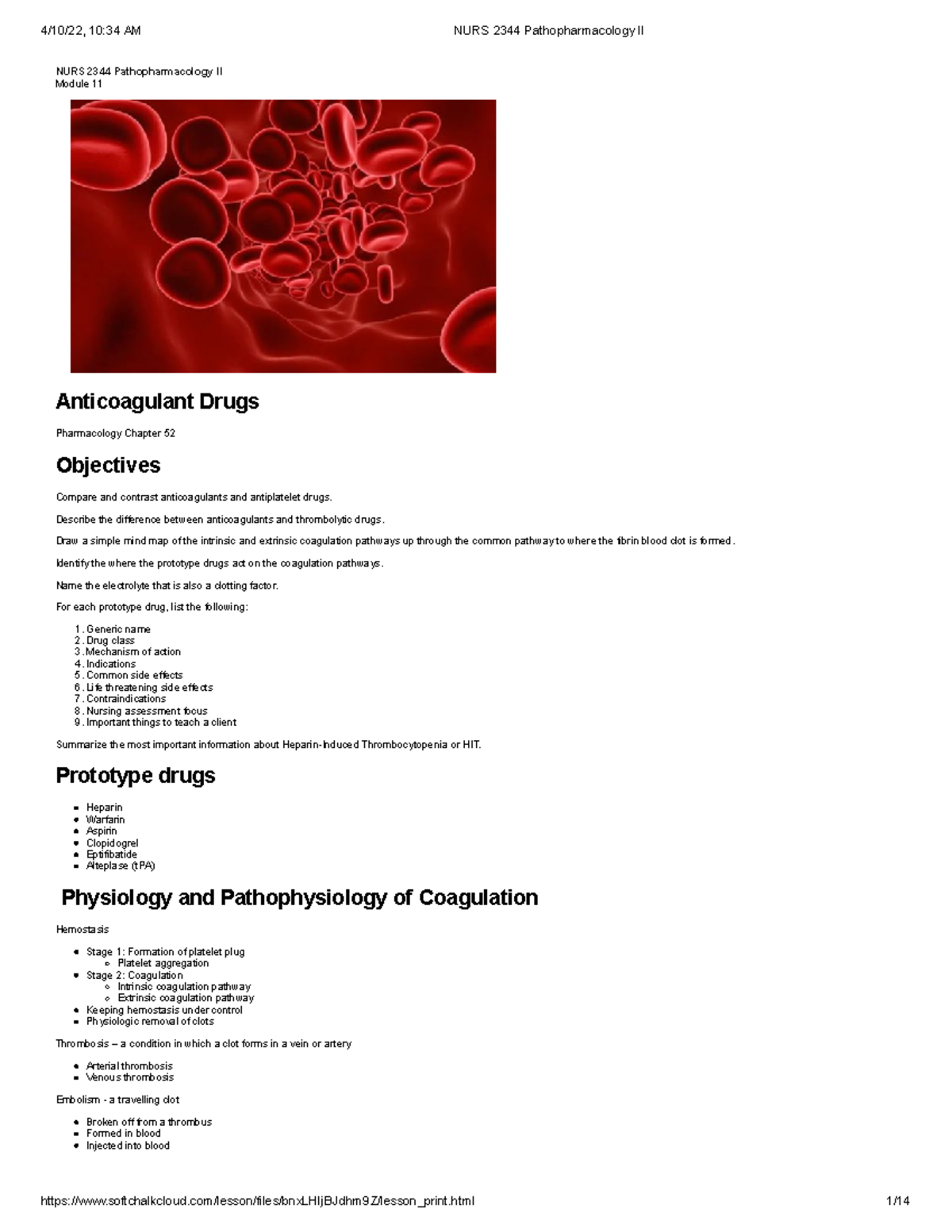 Anticoagulant Drugs Notes For Pathopharmacology - NURS 2344 ...