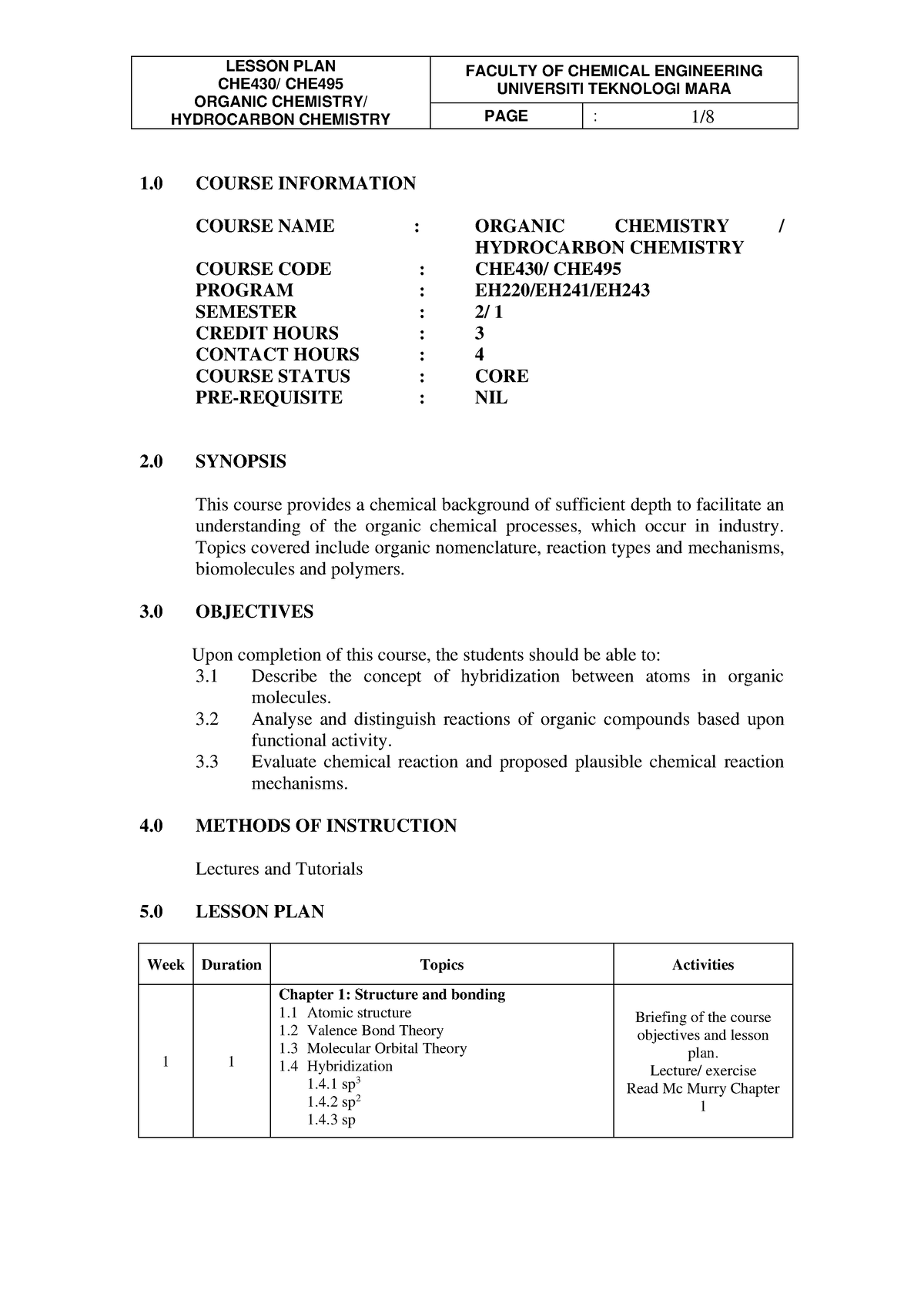 summaries semester 2 - LESSON PLAN CHE430/ CHE ORGANIC CHEMISTRY ...