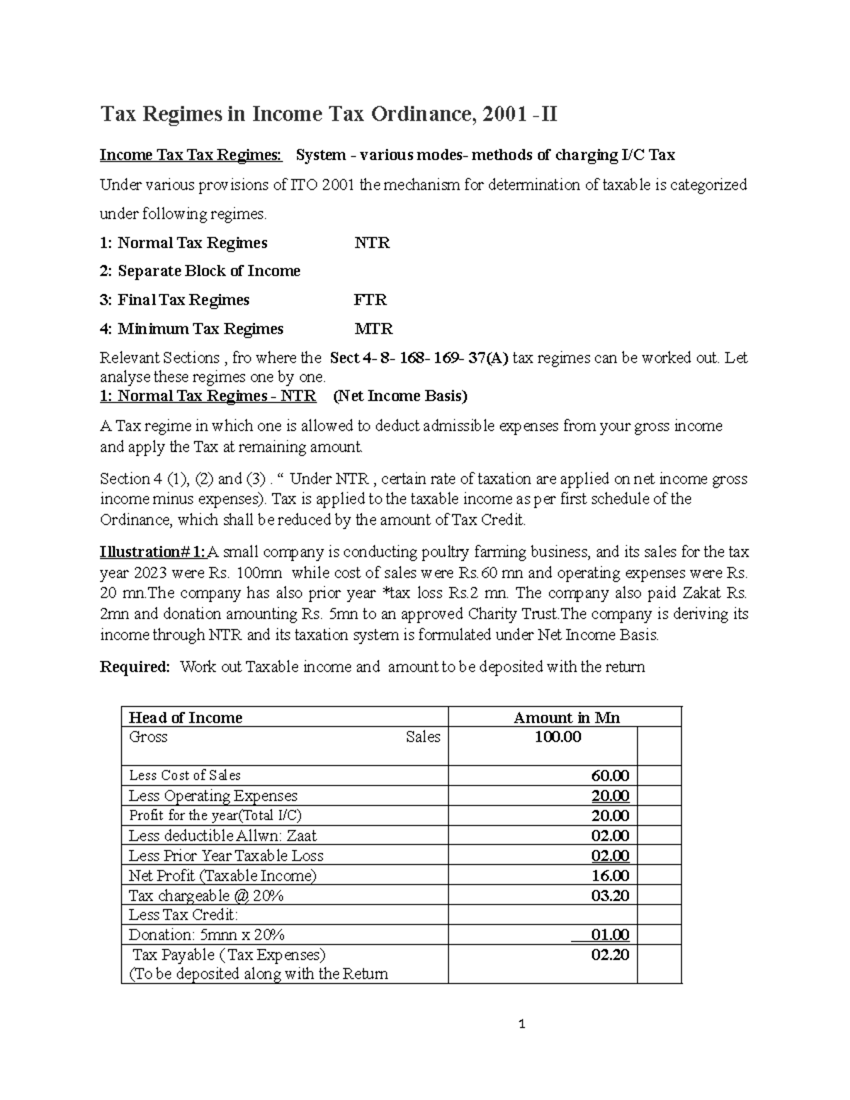 Maaz - Summary islamic banking - 1 Tax Regimes in Income Tax Ordinance ...