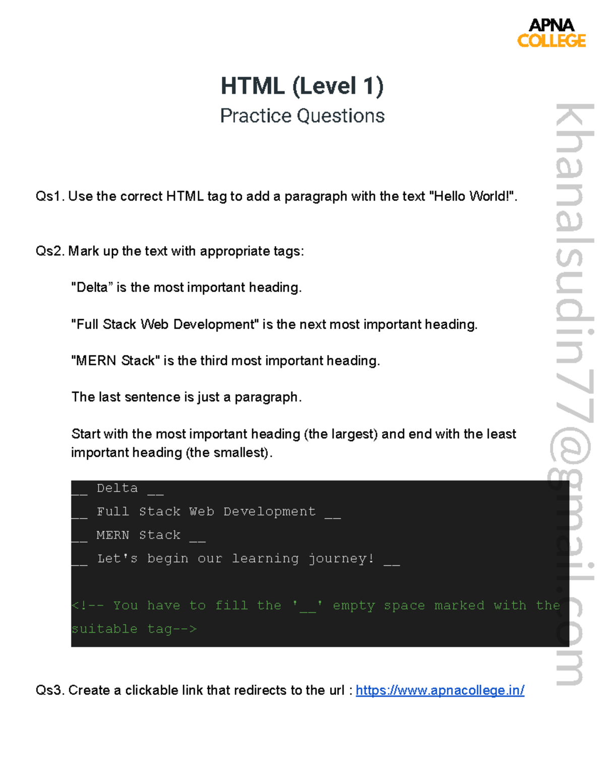 HTML (Level 1) Qs - a note on front end html - HTML (Level 1) Practice ...