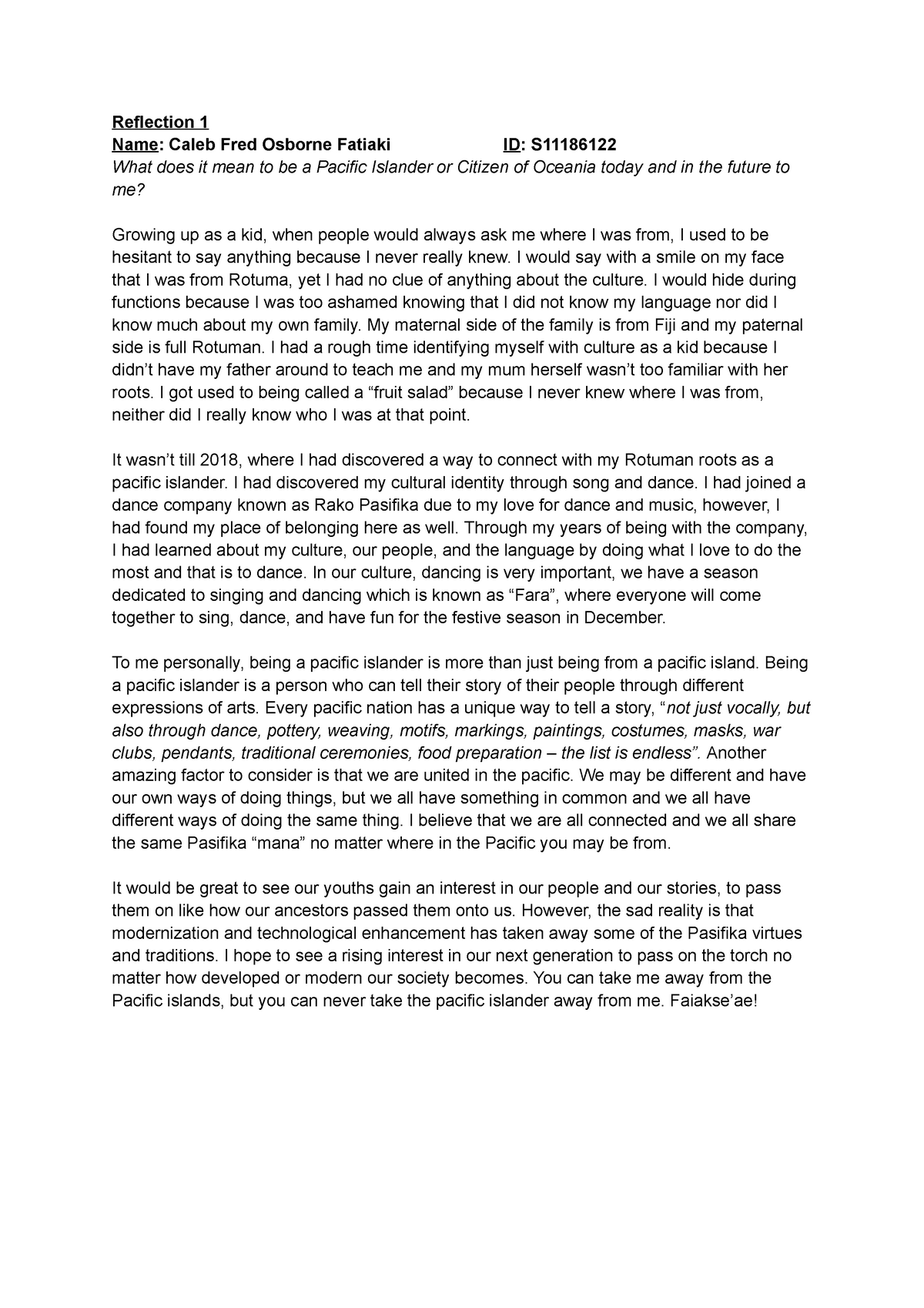 UU204 - Reflection 1 - Grade: B+ - Reflection 1 Name: Caleb Fred ...