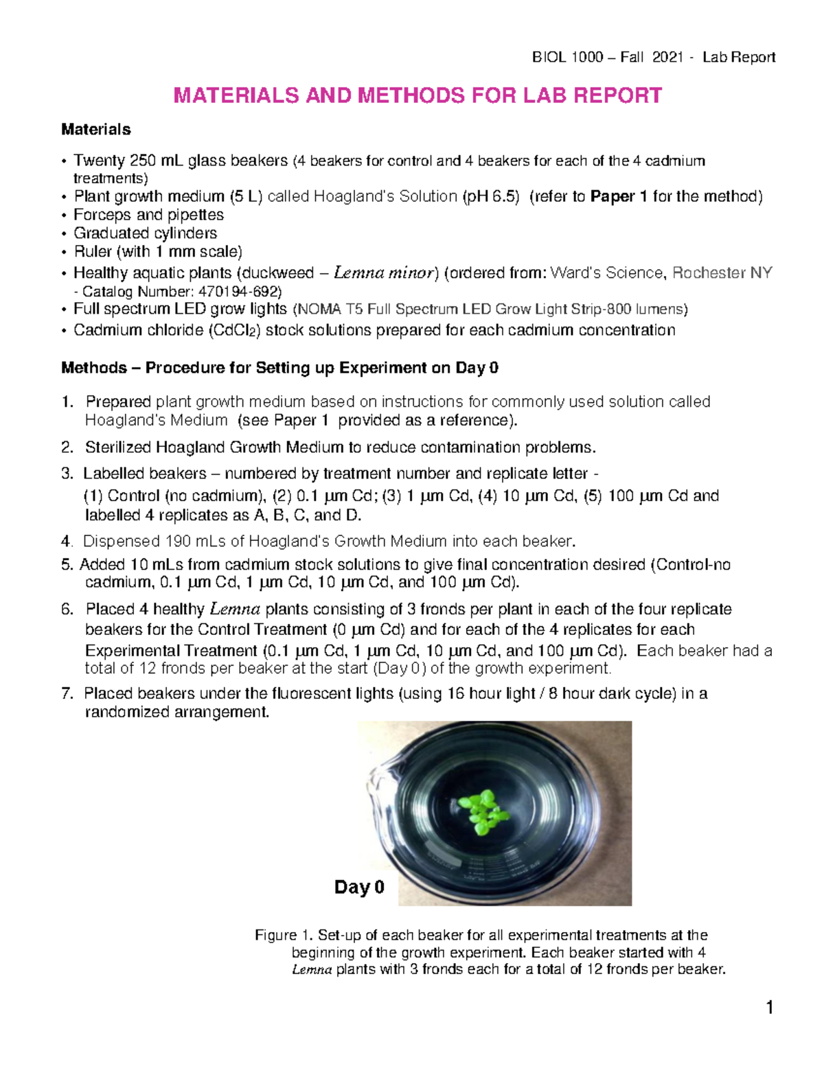 BIOL1000-F2021-Lab Report on Duckweed-Methods - BIOL 1000 – Fall 2021 ...