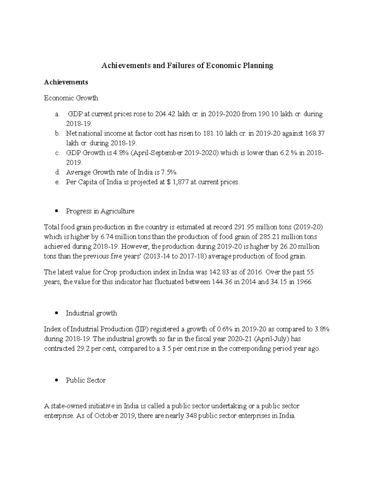 Achievement and Failures of Economic planning in India Achievements