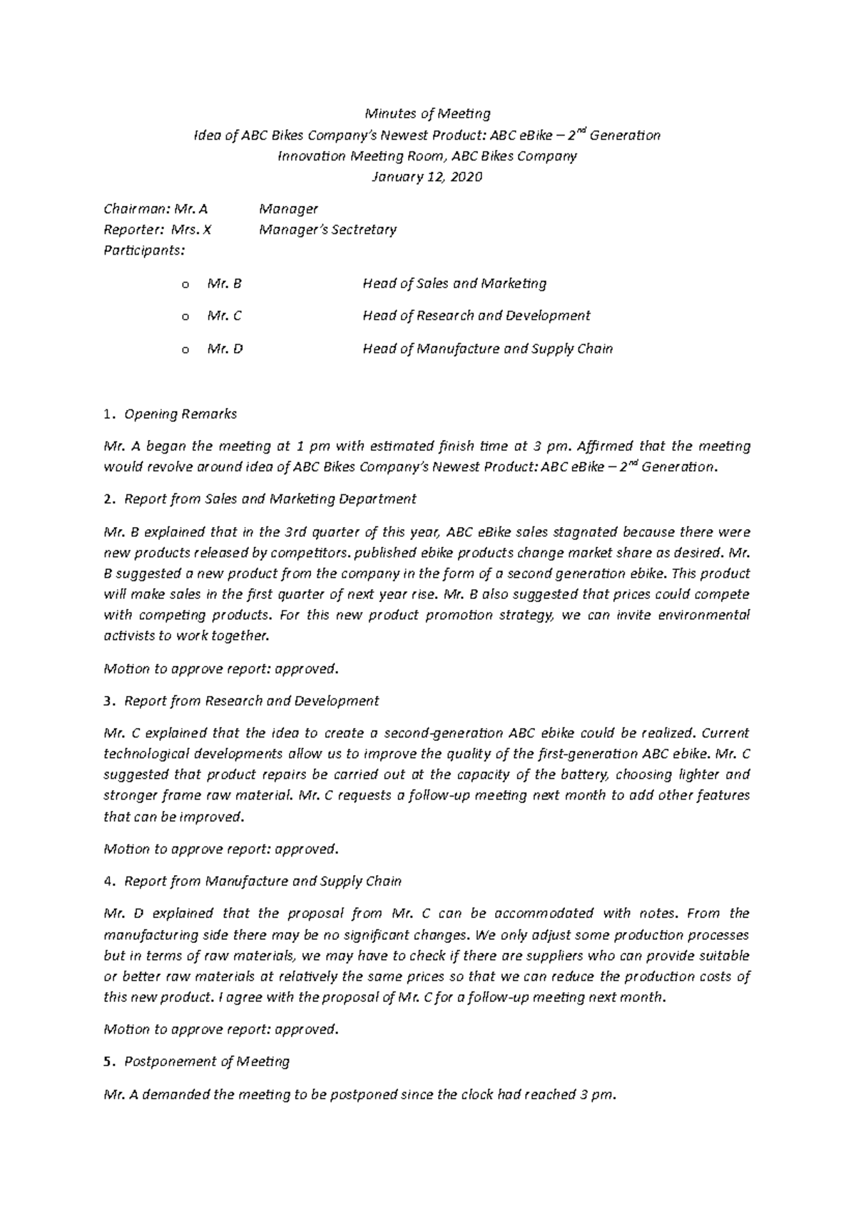 Minutes of Meeting Edited - Minutes of Meeting Idea of ABC Bikes ...