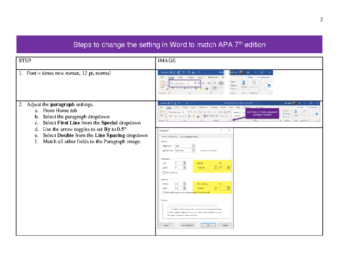 Steps to set up APA 7th edition - 2 STEP IMAGE Font = times new roman ...