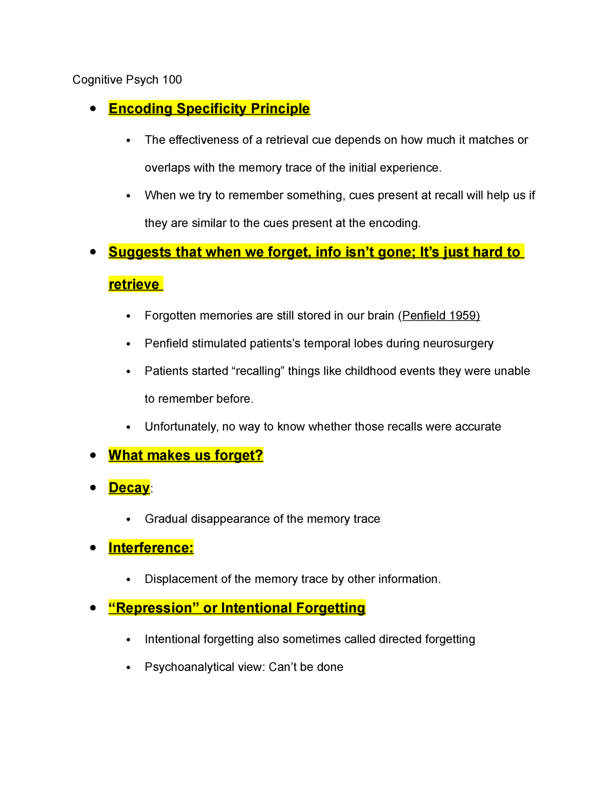 Psc 100 Day 27 Encoding Specificity Principle Cognitive Psych 100