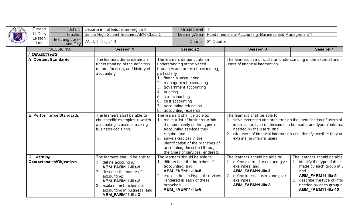 FUNDAMENTALS OF ACCOUNTING 1 - Grades 11 Daily Lesson Log School ...