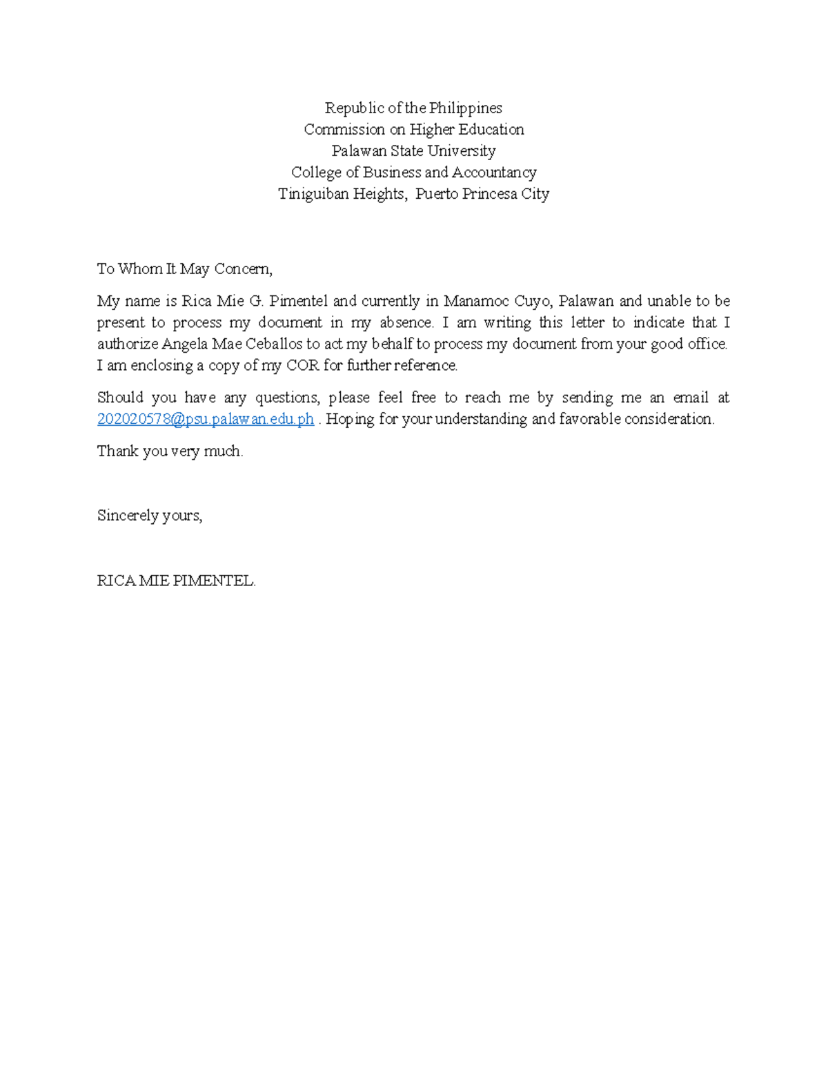 Pimentel RICA Authorization Letter - Republic of the Philippines ...