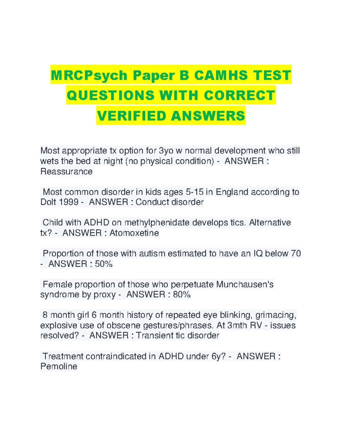 MRCPsych Paper B Camhs TEST Questions WITH Correct Verified Answers ...