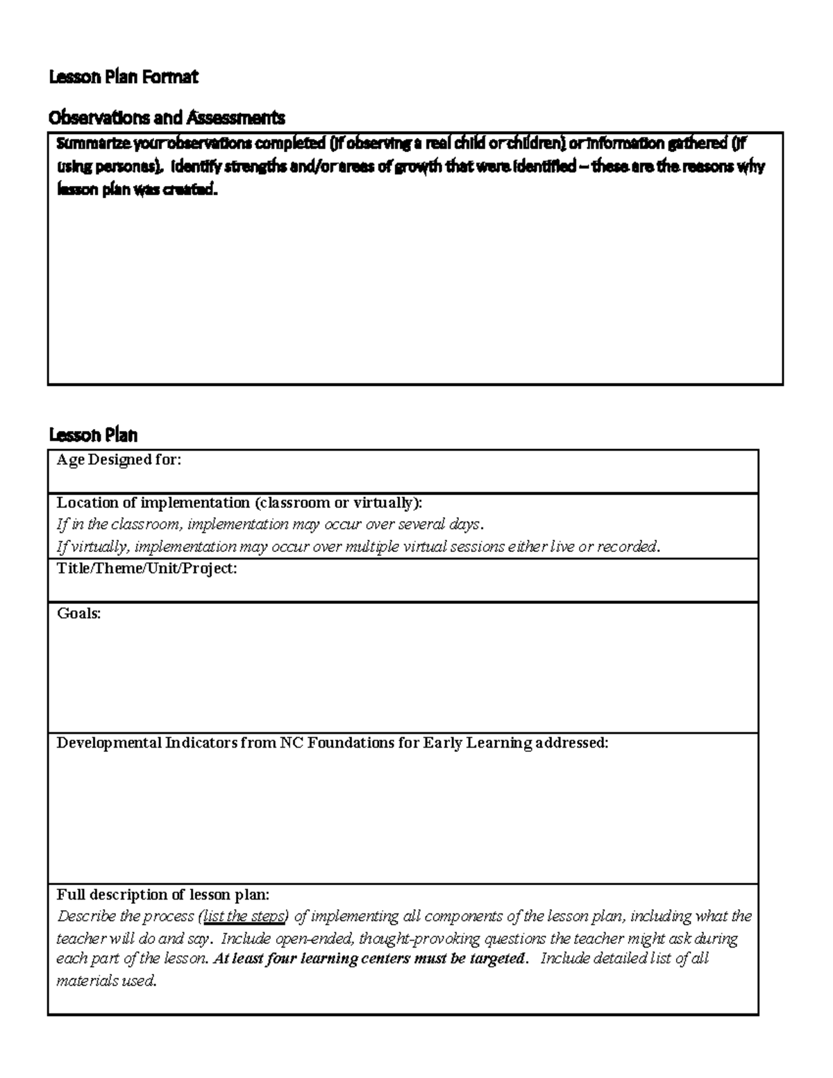 Lesson Plan Format - Lesson Plan Format Observations and Assessments ...