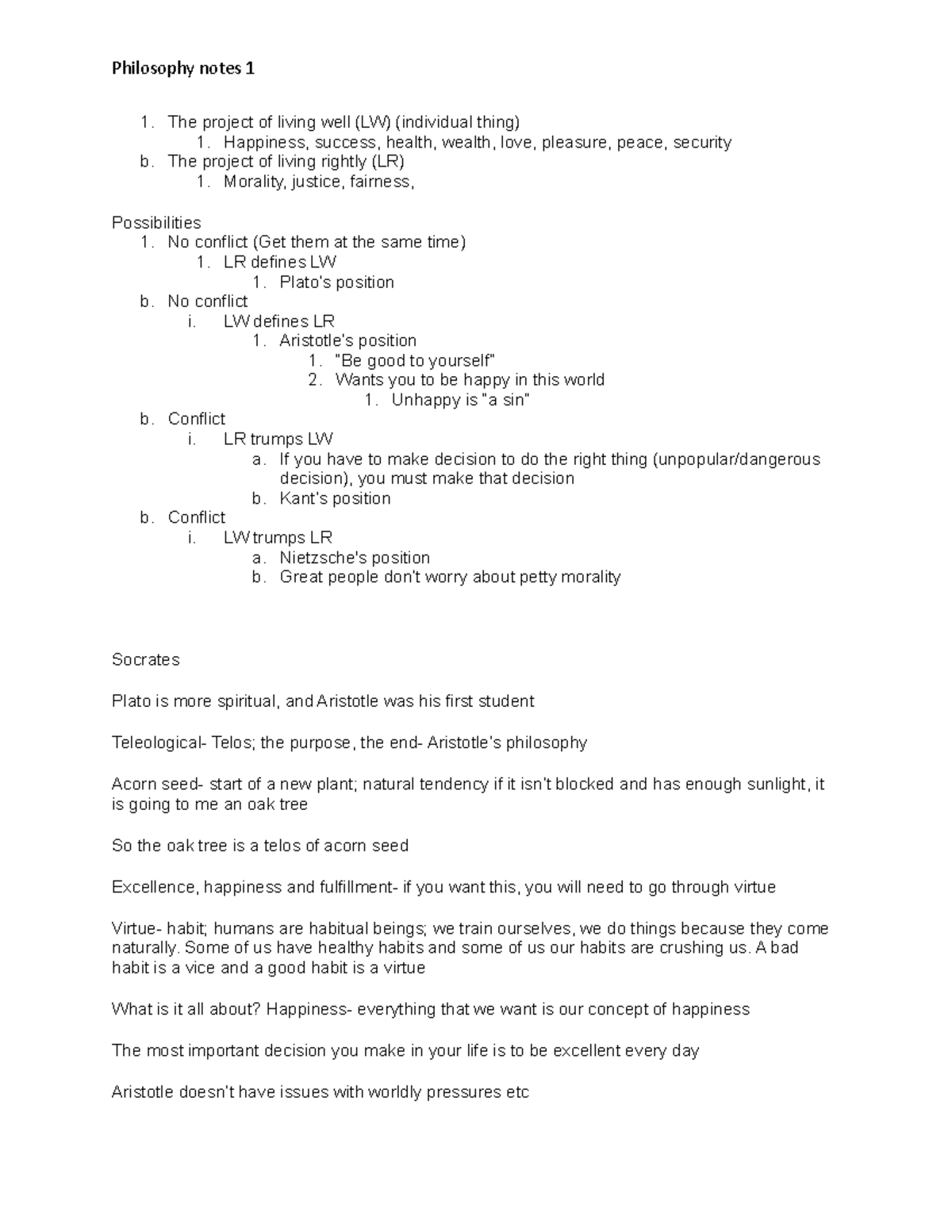 Notes 1 - Philosophy notes 1 The project of living well (LW ...