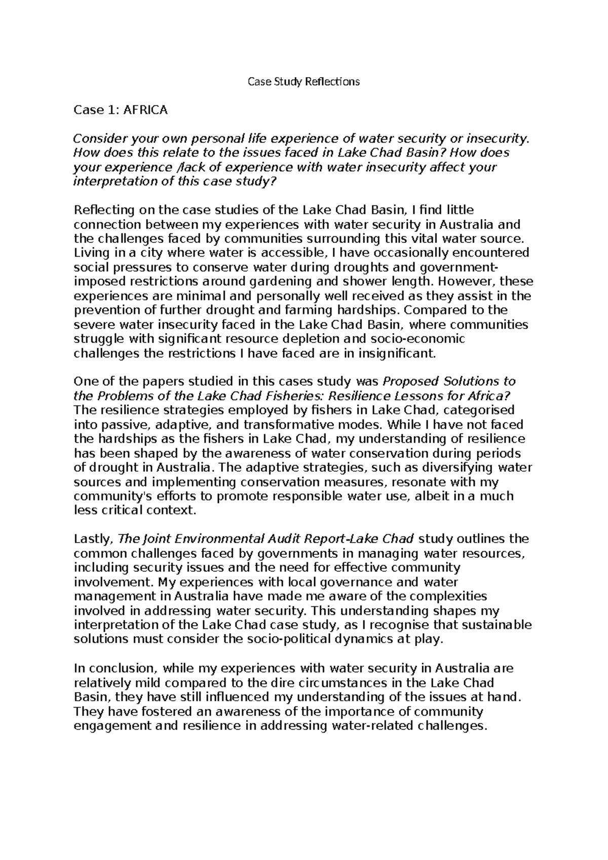 Case Study Reflections - Case Study Reflections Case 1: AFRICA Consider ...
