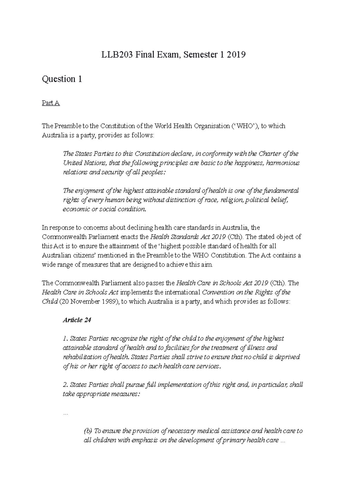 Final Exam 2019 - LLB203 Final Exam, Semester 1 2019 Question 1 Part A ...