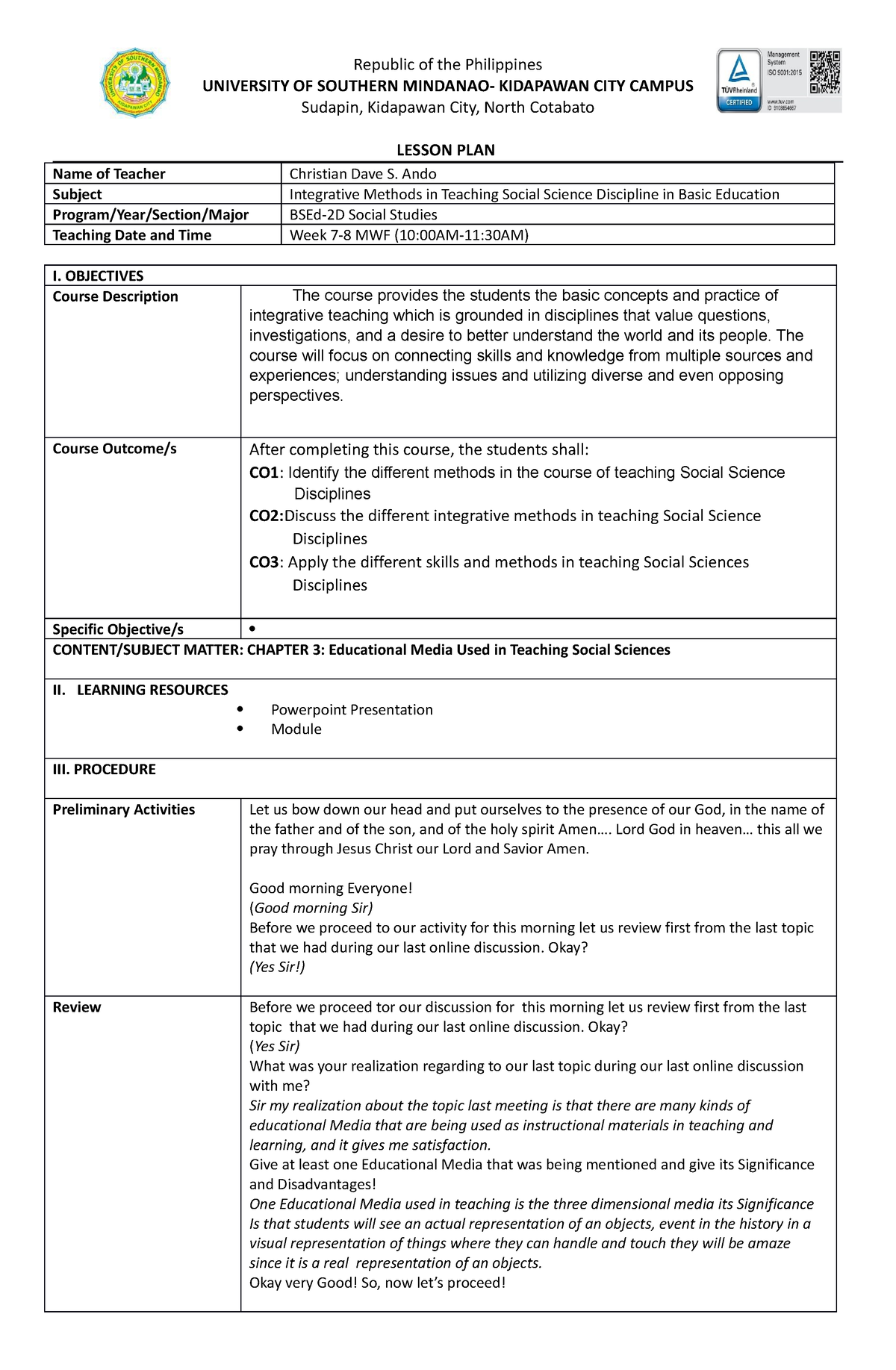 Week 7-8 B. Lesson Plan - Integrative Methods in Teaching - UNIVERSITY ...