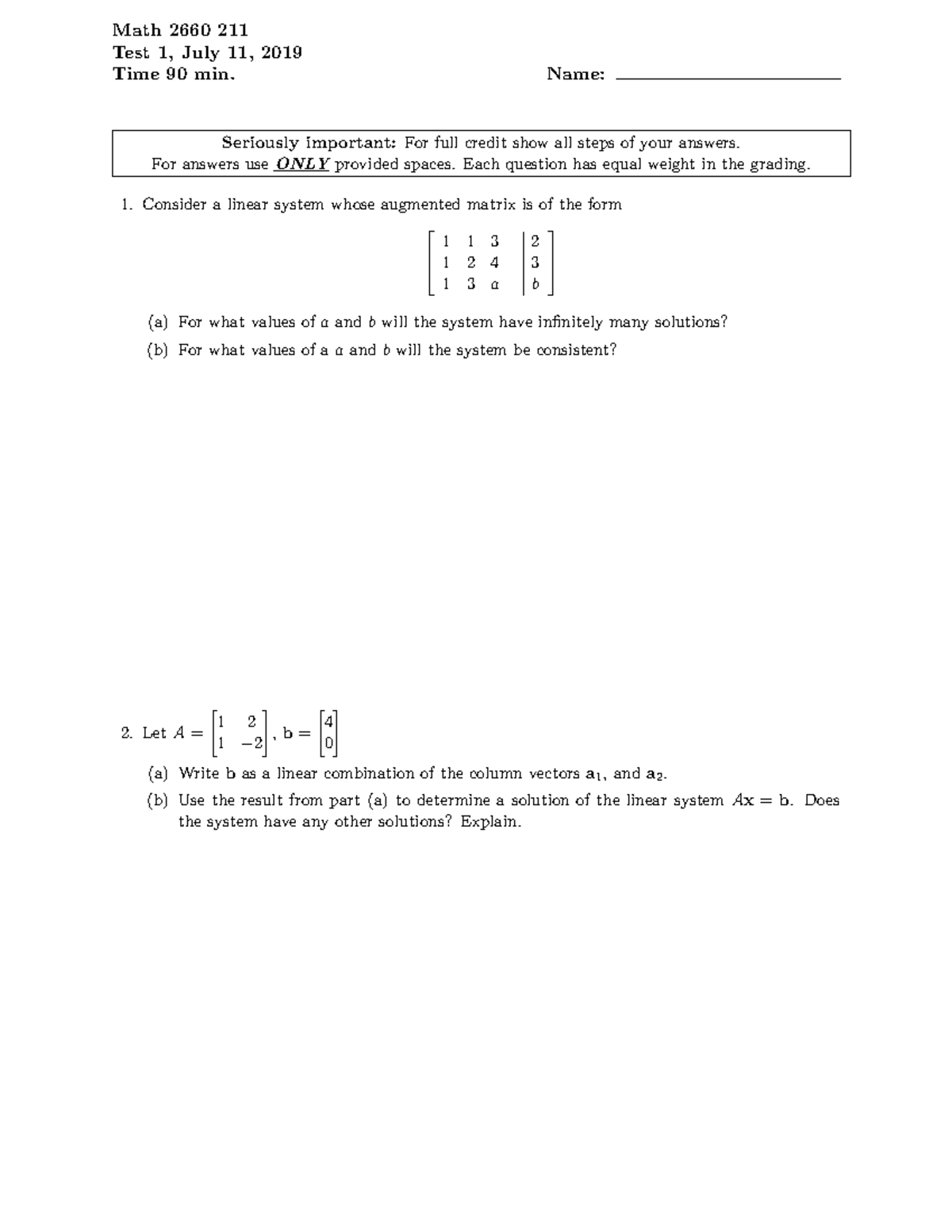 Test 1 - Summer 19 - Math 2660 211 Test 1, July 11, 2019 Time 90 min ...