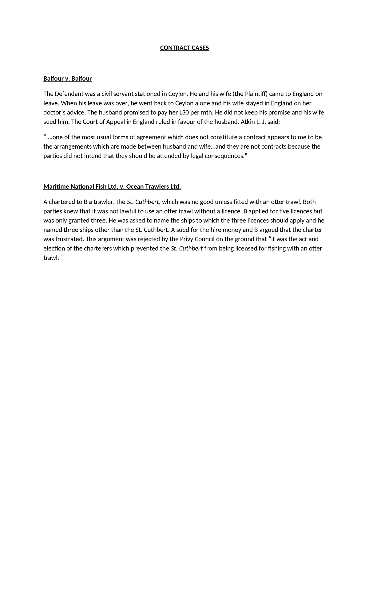 Contract Cases - brief notes - CONTRACT CASES Balfour v. Balfour The ...