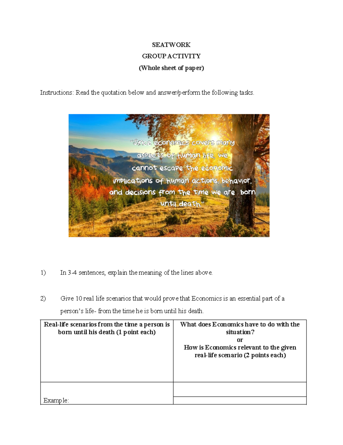 Seatwork - SEATWORK GROUP ACTIVITY (Whole sheet of paper) Instructions ...