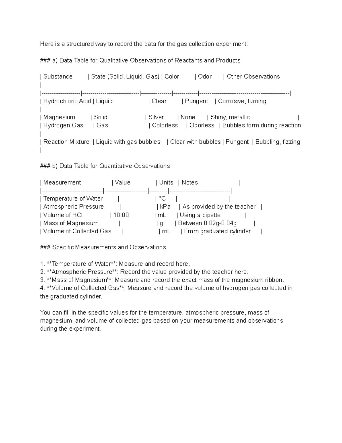 Here is a structured way to record the data for the gas collection ...