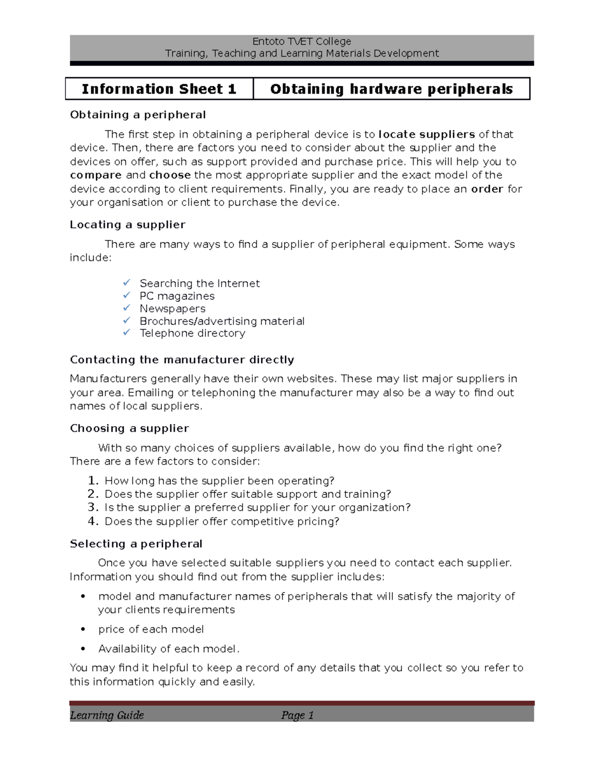 Conecting Hardware peripherals LO 2 1 Training, Teaching and Learning