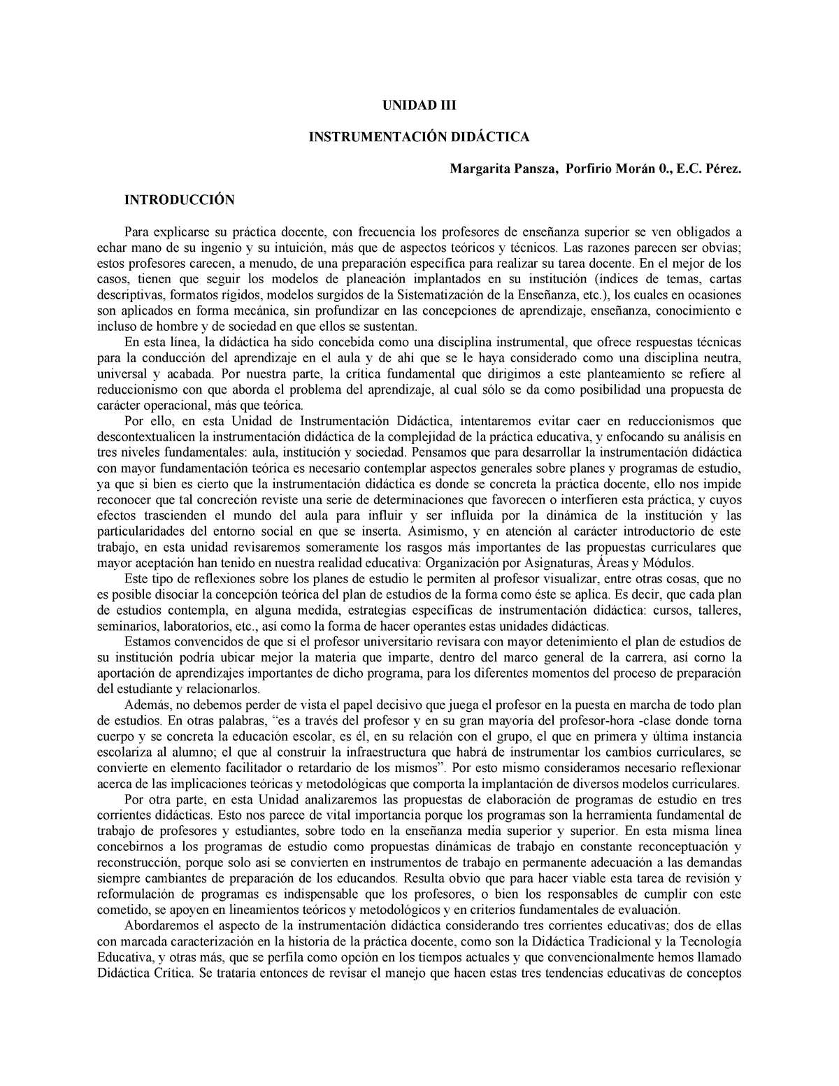 Instrumentacion didactica-margarita panza - UNIDAD III INSTRUMENTACIÓN  DIDÁCTICA Margarita Pansza, - Studocu