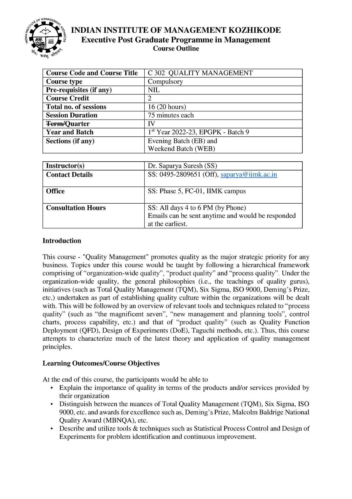 QM -Course Outline - Nanananananan - INDIAN INSTITUTE OF MANAGEMENT ...