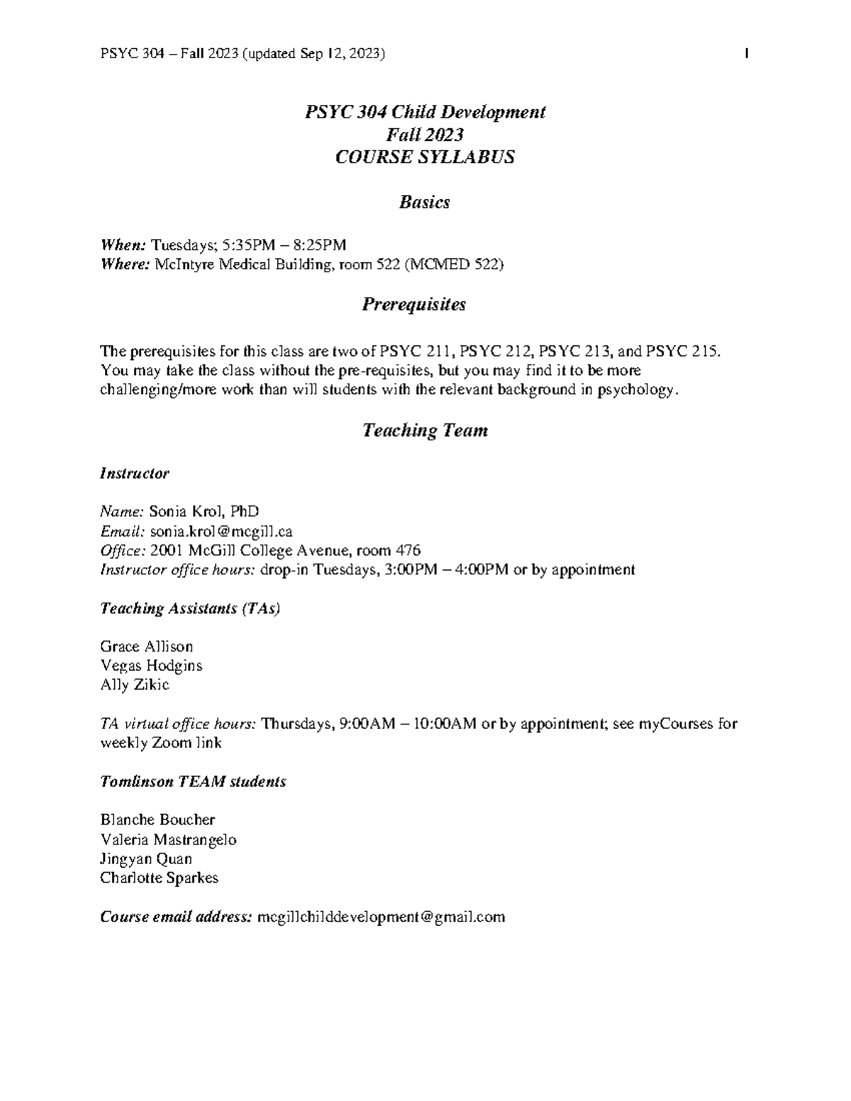 Syllabus PSYC 304 Fall 2023 updated Sep 12 - PSYC 304 Child Development ...