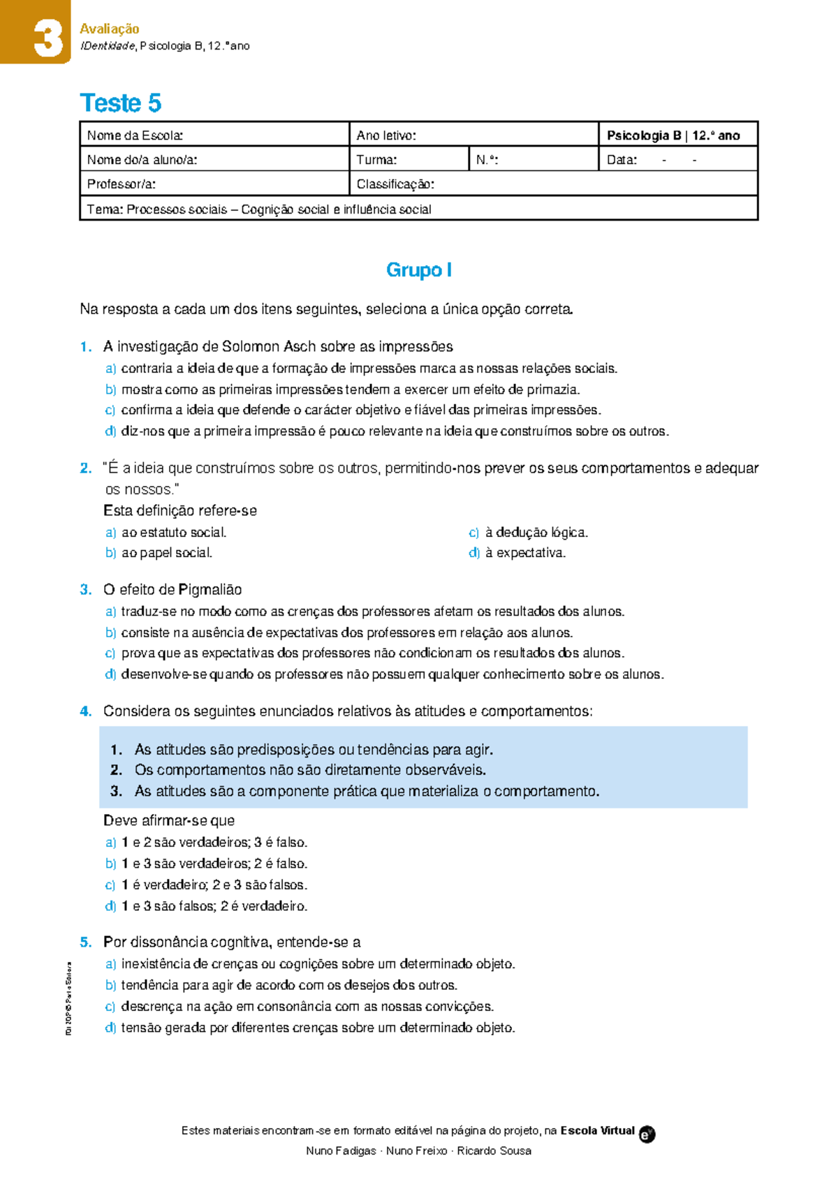 Id12epdp Avaliacao Teste 5 - IDentidade, Psicologia B, 12. ̊ Ano Estes ...