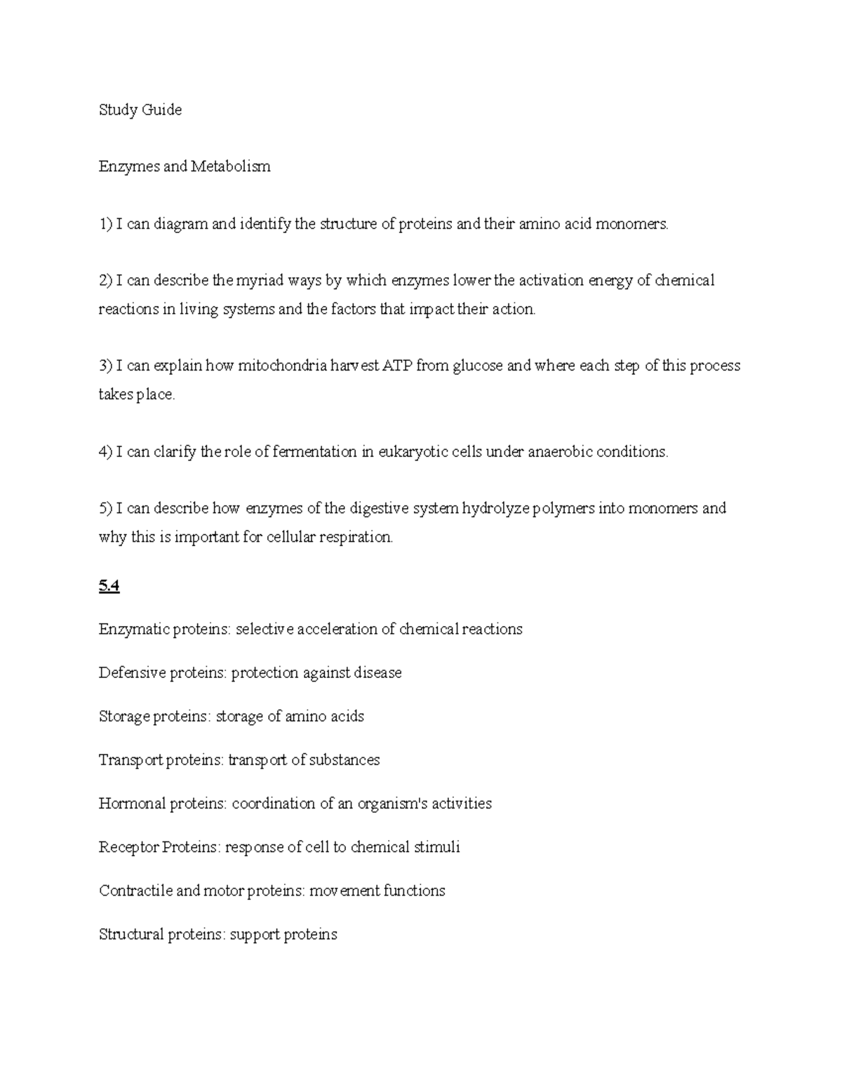 Notes Study Guide - Study Guide Enzymes and Metabolism 1) I can diagram ...