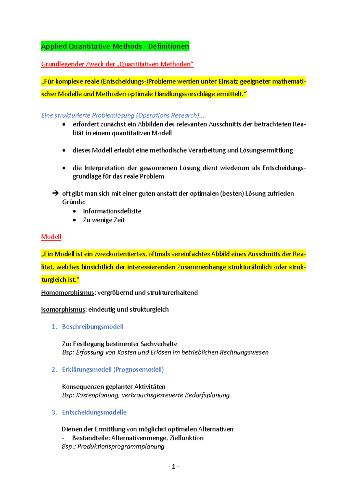 Führerschein Theorie Zusammenfassung Pdf 2024 Zusammenfassung Theorie - Applied Quantitative Methods - Definitionen