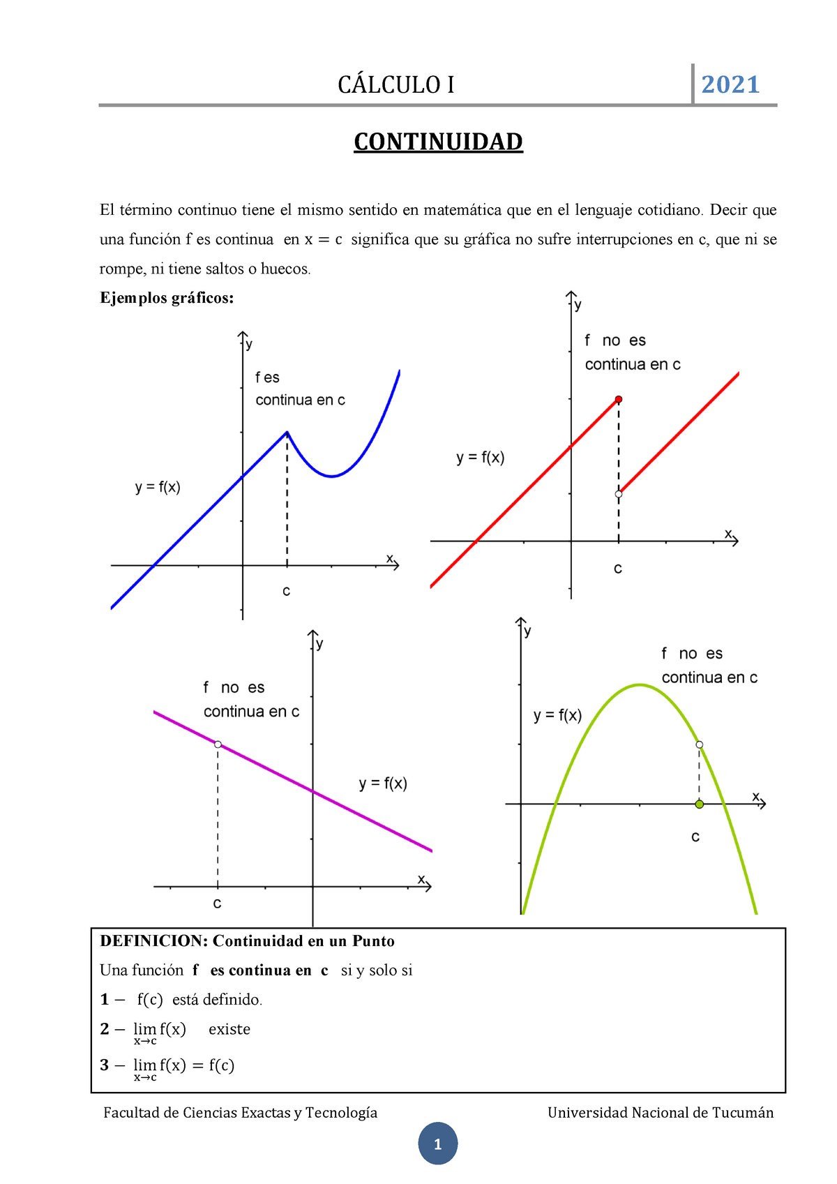 Calculo I - Continuidad -2021 ( 1ra Parte ) - Facultad De Ciencias ...