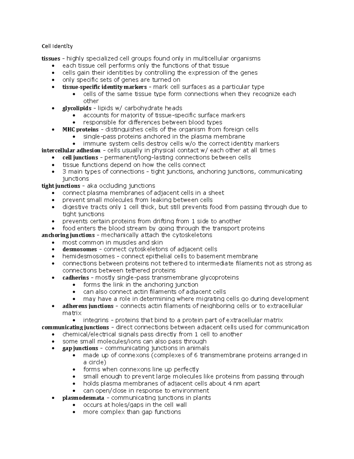 Bio C7 - Lecture notes 7 - Cell Identity tissues - highly specialized ...