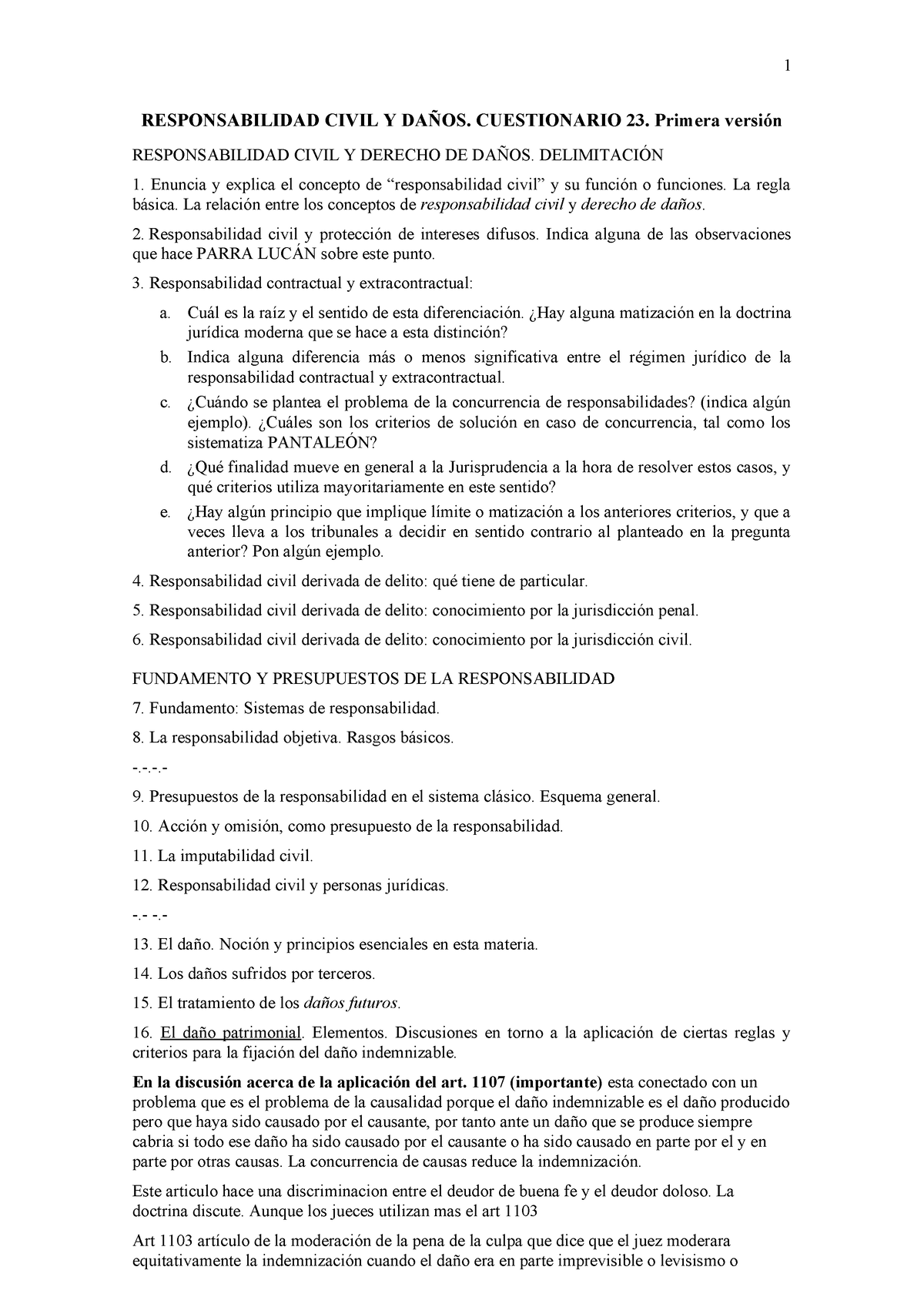 Cuestionario General Responsabilidad Civil Y Da Os Cuestionario Primera Versi N Studocu