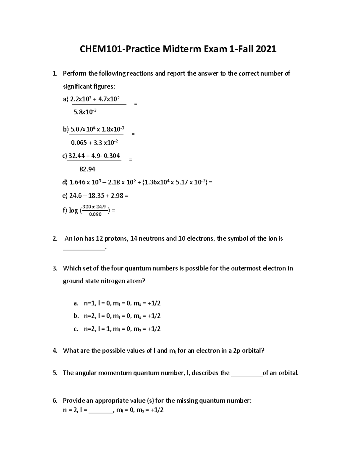 Practice Midterm 1 - CHEM101-Practice Midterm Exam 1-Fall 2021 Perform ...