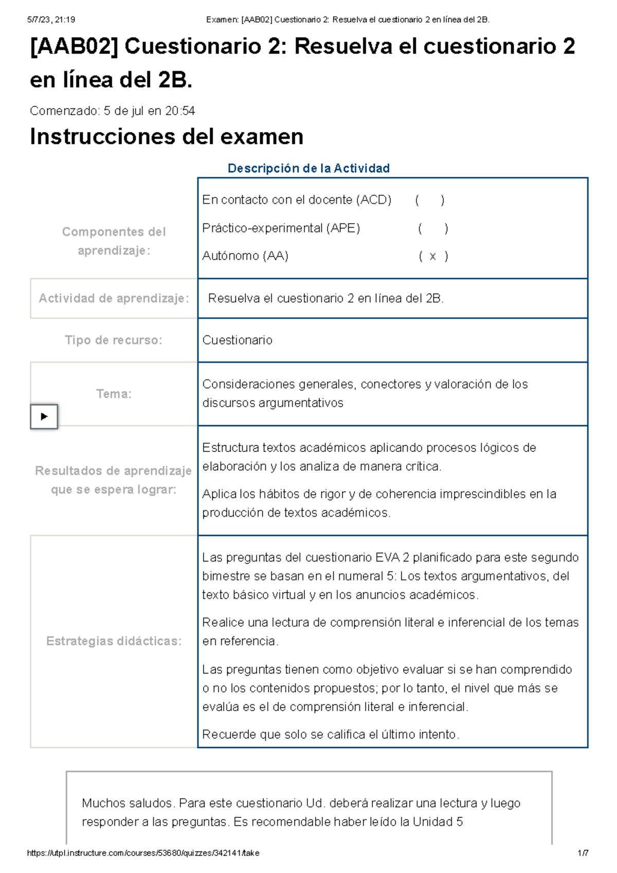 Examen [AAB02] Cuestionario 2 Resuelva El Cuestionario 2 En Línea Del ...