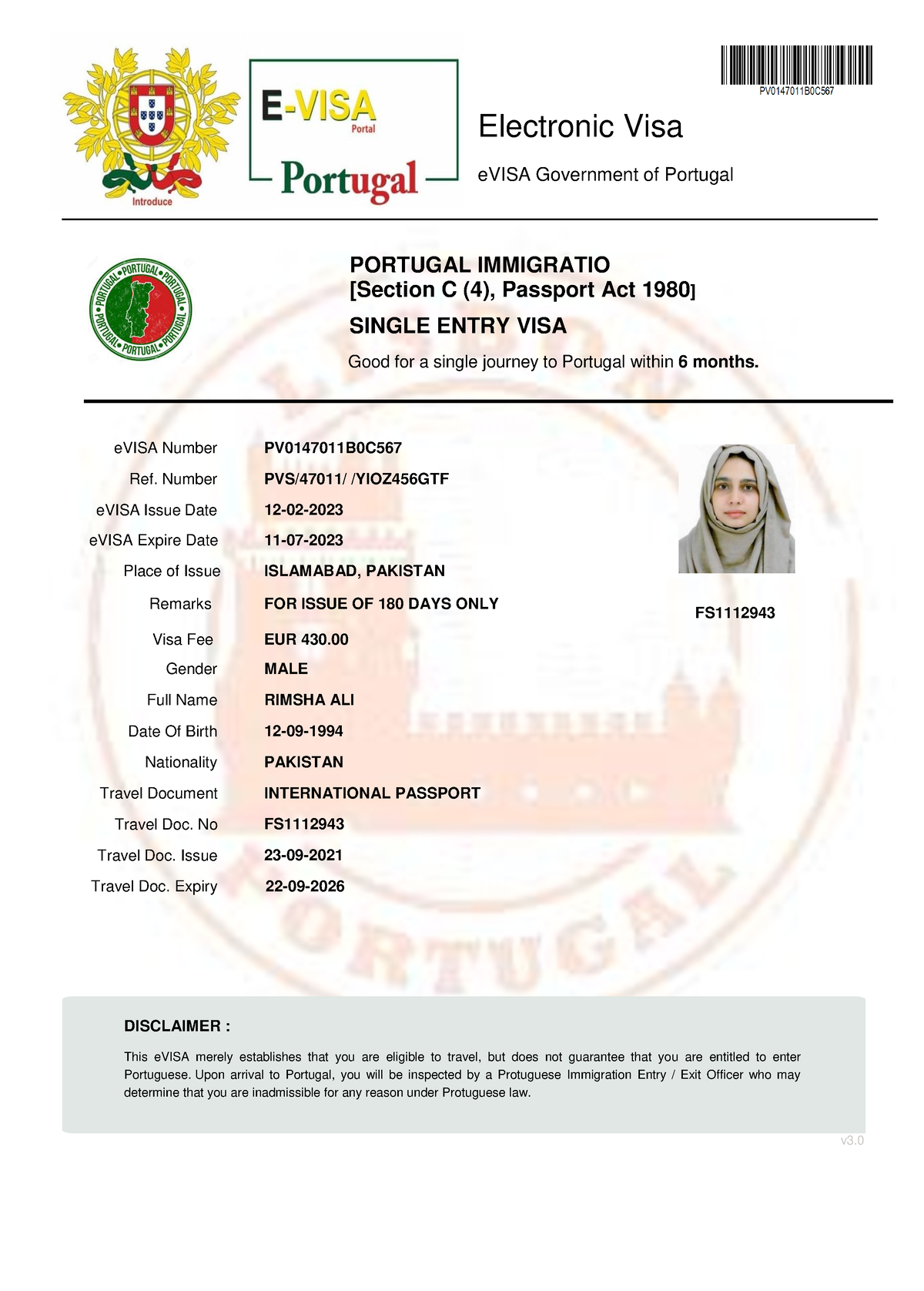 Rimsha ALI Nv Gkzgklg Electronic Visa EVISA Government Of Portugal   Thumb 1200 1676 