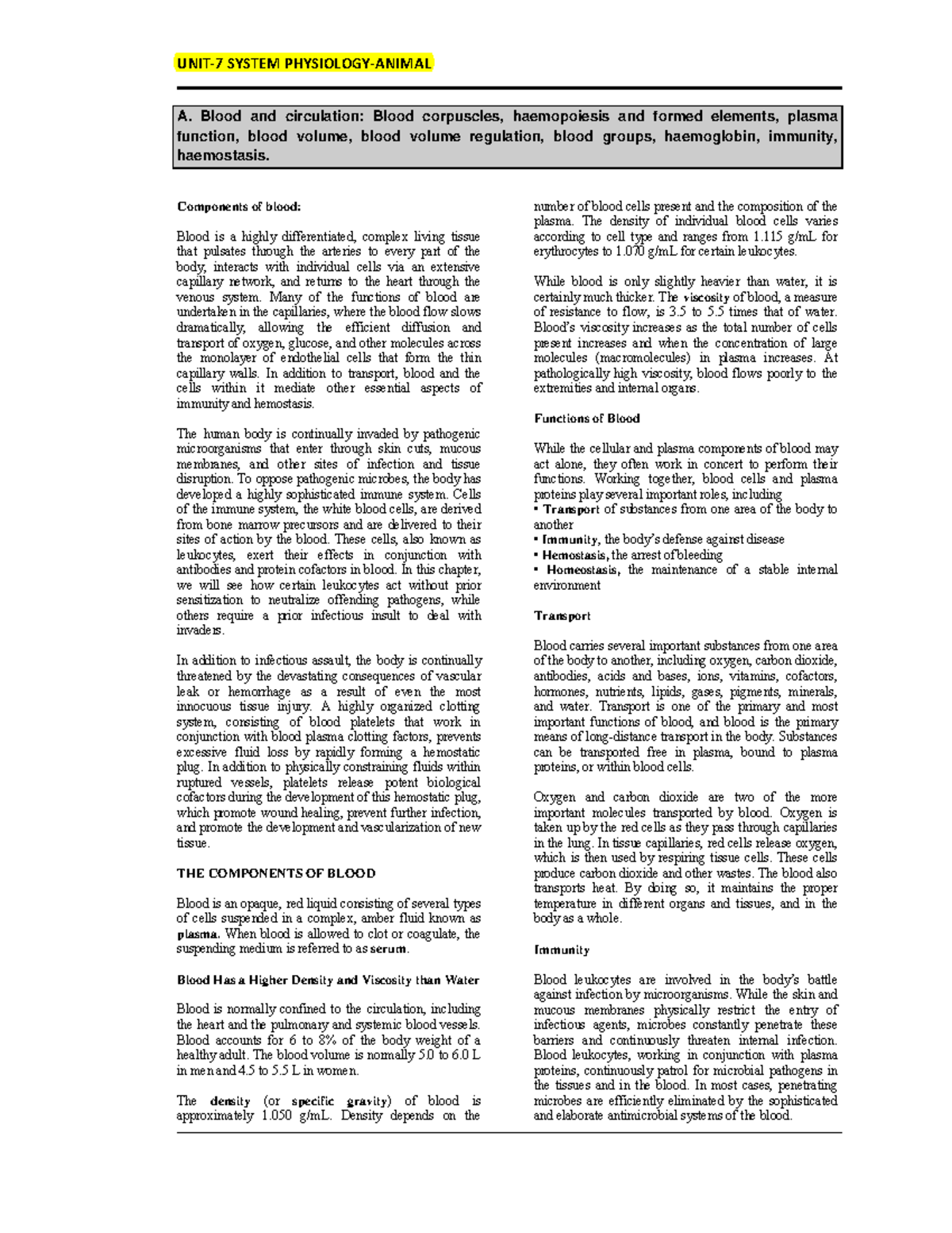 CSIR Unit 7 Full Notes A Blood And Circulation Blood Corpuscles