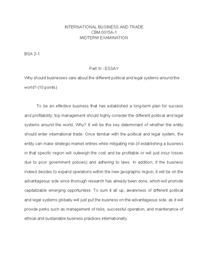 IBT - Part III Essay ( Midterms) - INTERNATIONAL BUSINESS AND TRADE CBM ...