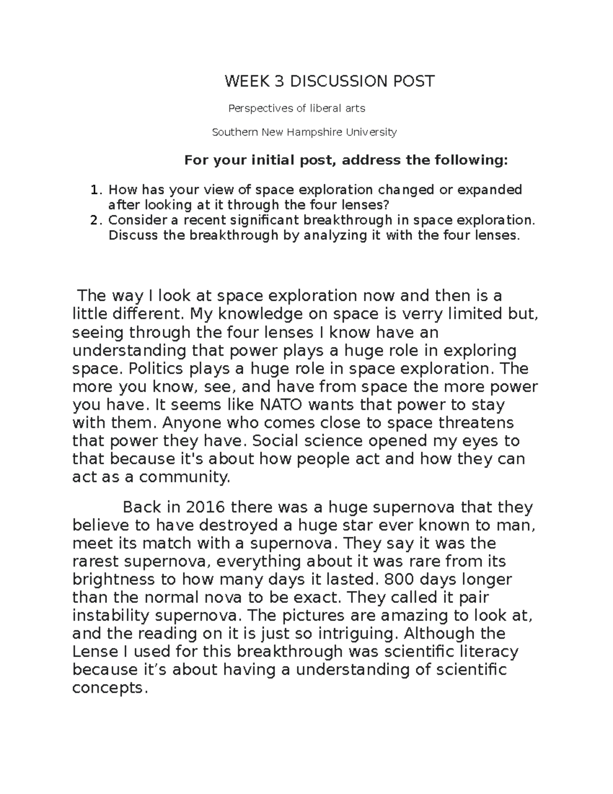 Week 3 discussion post liberal arts - WEEK 3 DISCUSSION POST ...