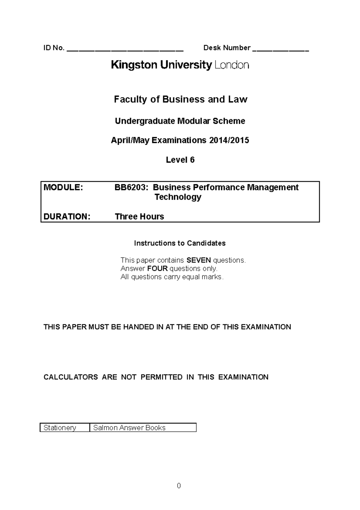 Business Performance Management Technology 2014/15 - ID No