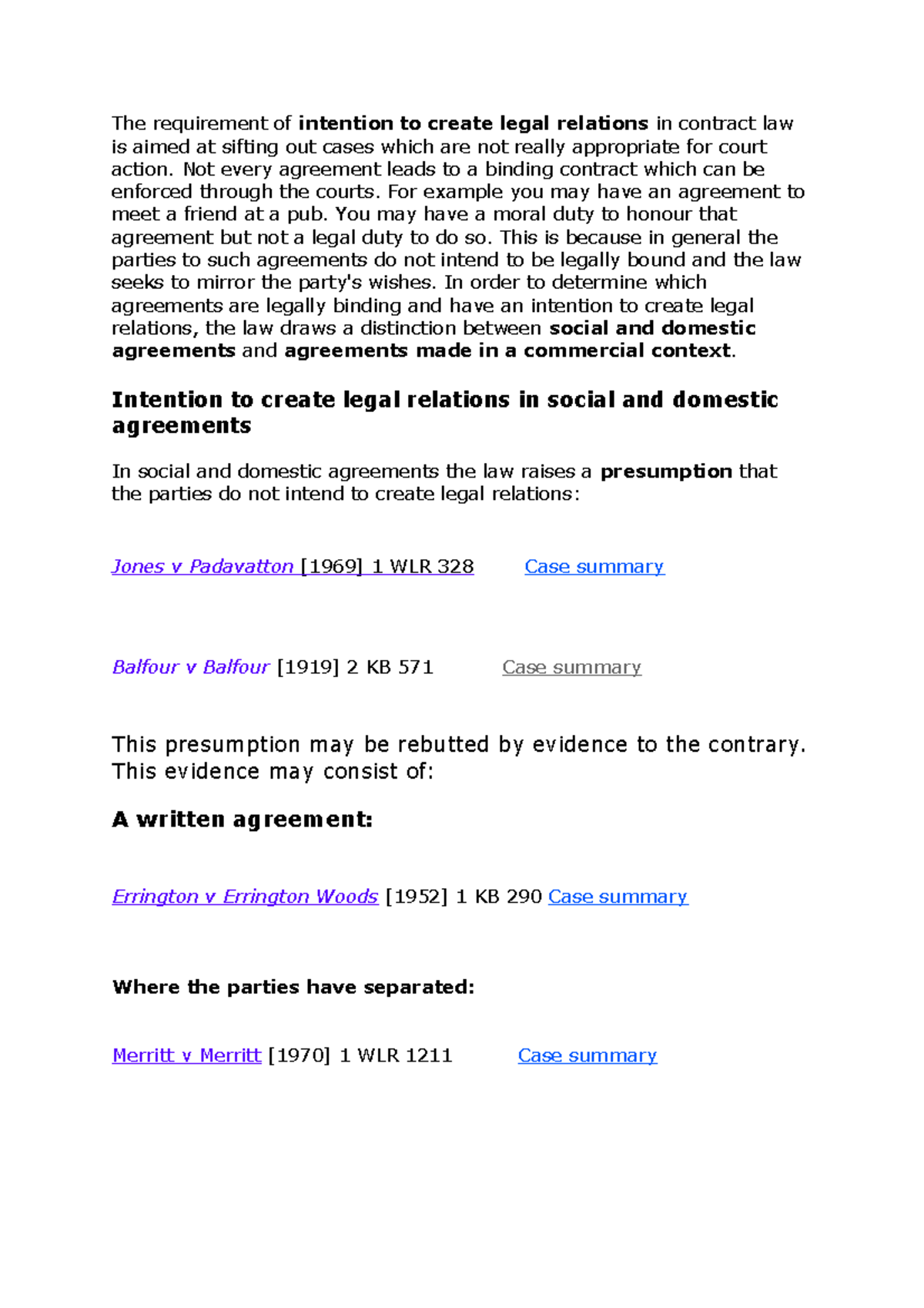 Intention to create legal relations - Not every agreement leads to a ...