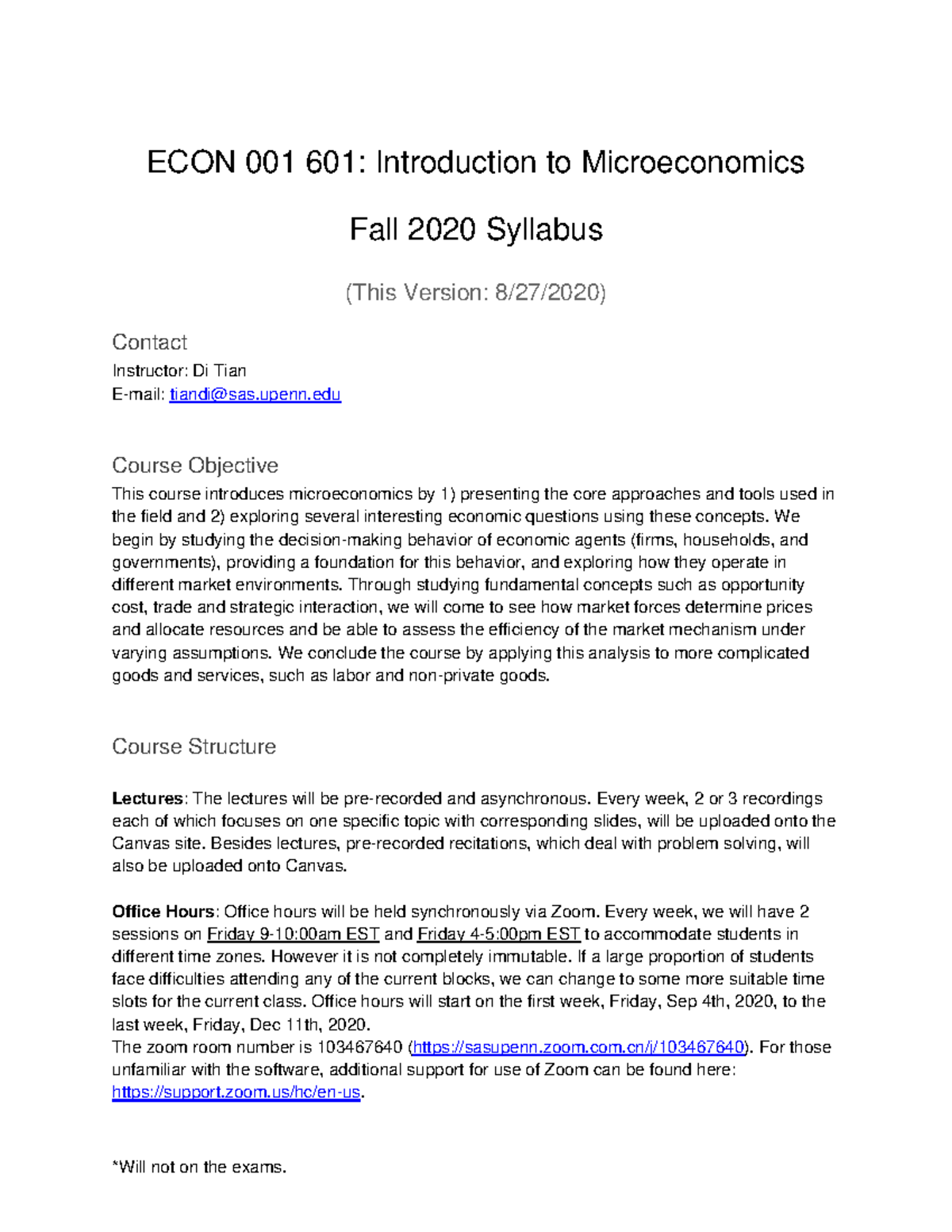 ECON-001-601 Fall 2020 Syllabus - ECON 001 601: Introduction to ...