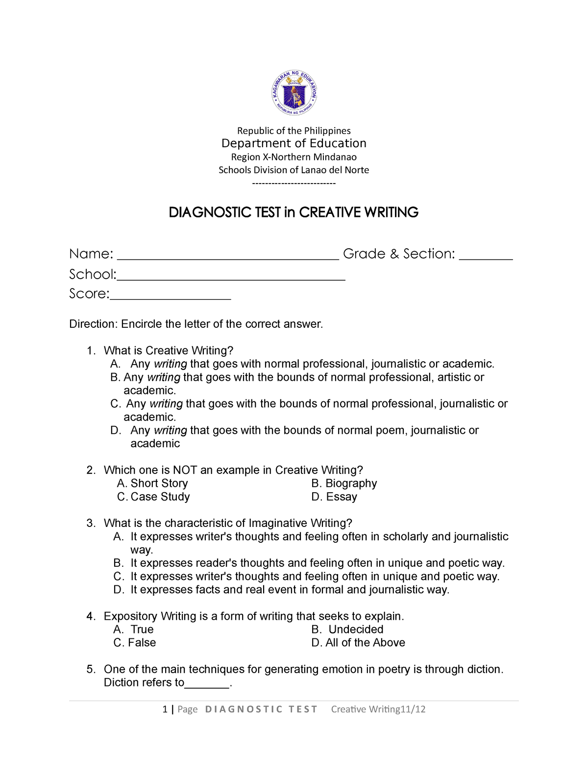 creative writing diagnostic test with answer key